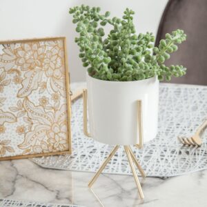 Stylish White Plant Pot With Tripod-Style Gold Stand