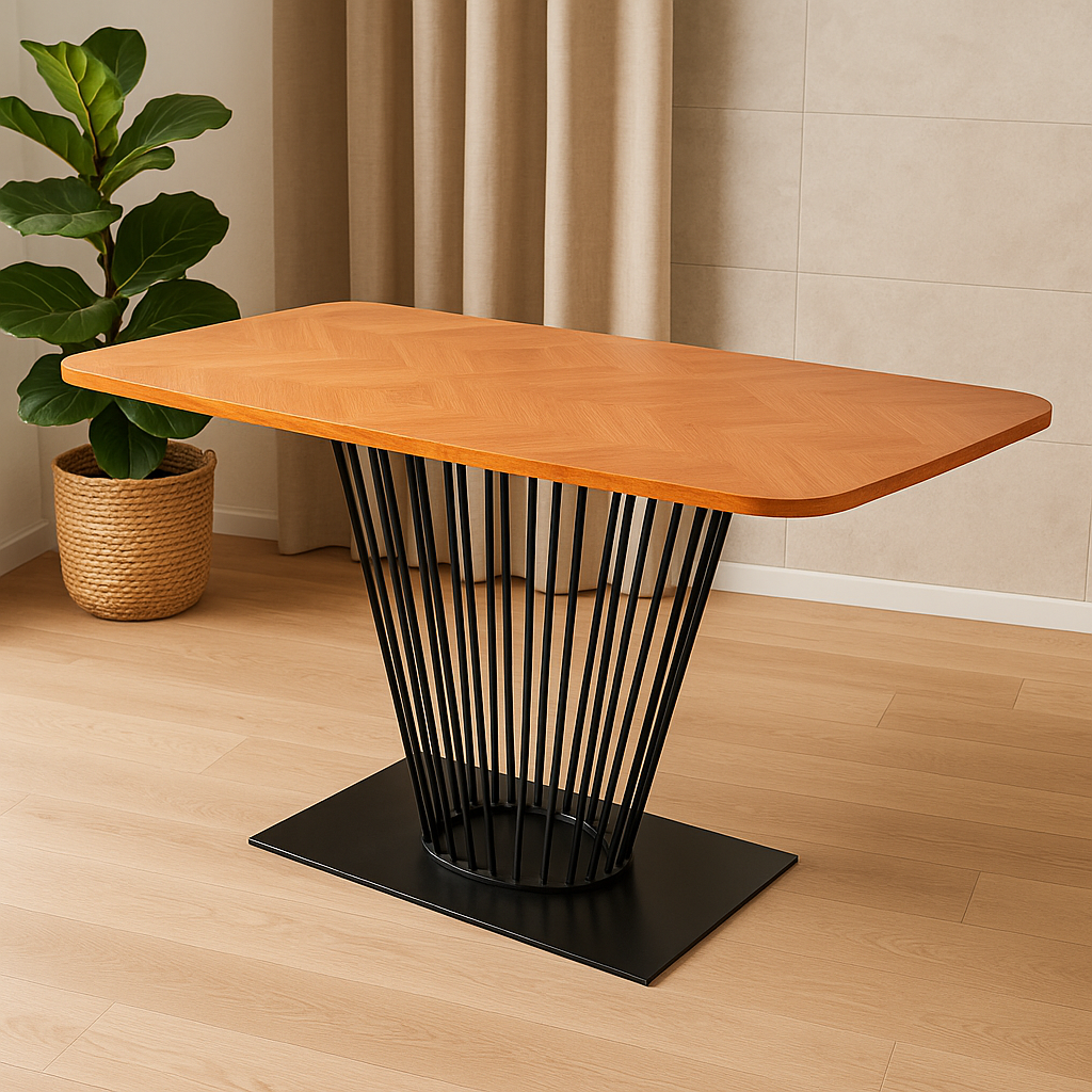 Aurek Oak Effect Dining Table 160x90cm 4 to 6 Seater with 3D Wood Grain Laminate Top and Black Satin Steel Base