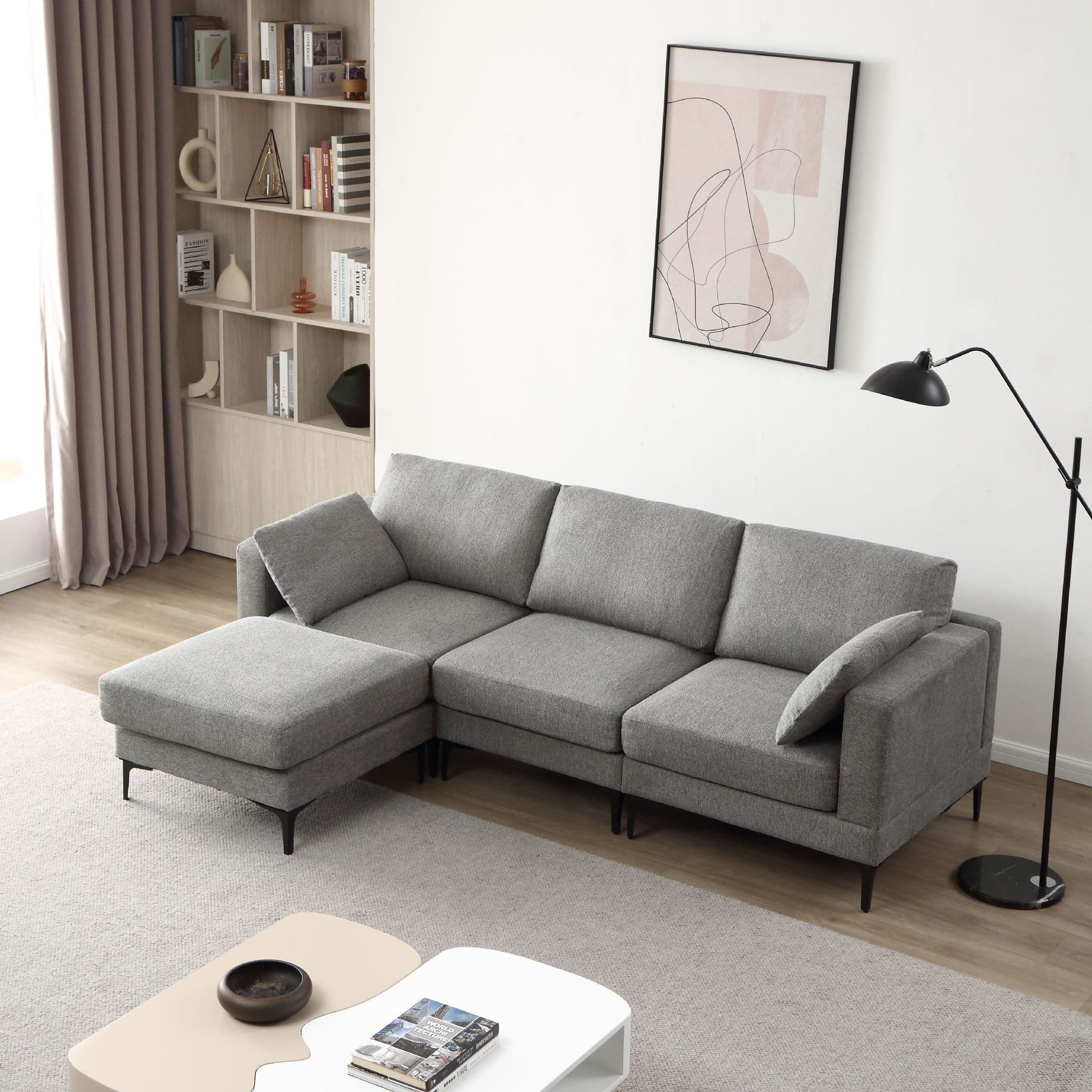 Anek 3 Seater Beige/Grey/Deep Grey Fabric Sofa With Ottoman - Image 8