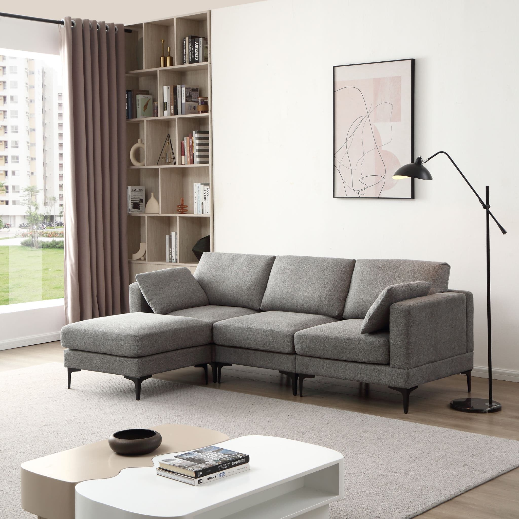 Anek 3 Seater Beige/Grey/Deep Grey Fabric Sofa With Ottoman - Image 2