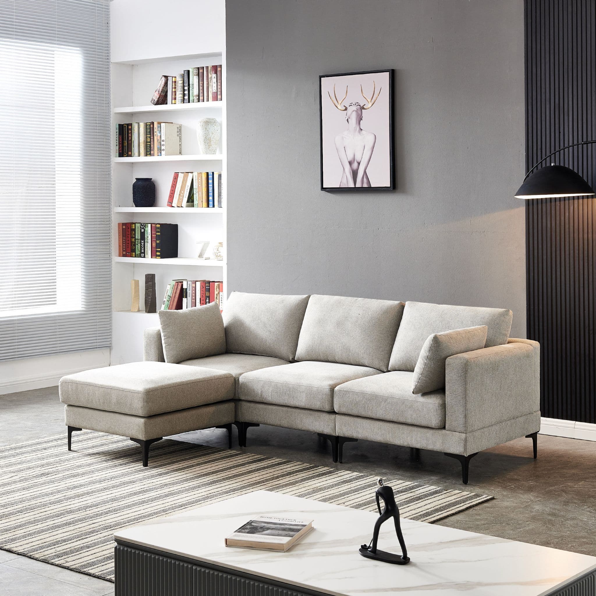 Anek 3 Seater Beige/Grey/Deep Grey Fabric Sofa With Ottoman - Image 14