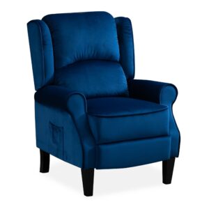 Blue Plush Velvet Recliner Armchair, With Wood Feet
