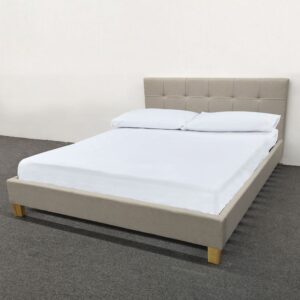 Double Bed, Upholstered In Cream Fabric - With Wooden Feet