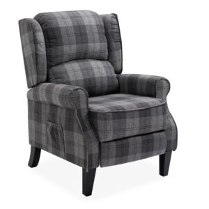 Blue Checked Fabric Recliner Armchair - Grey
