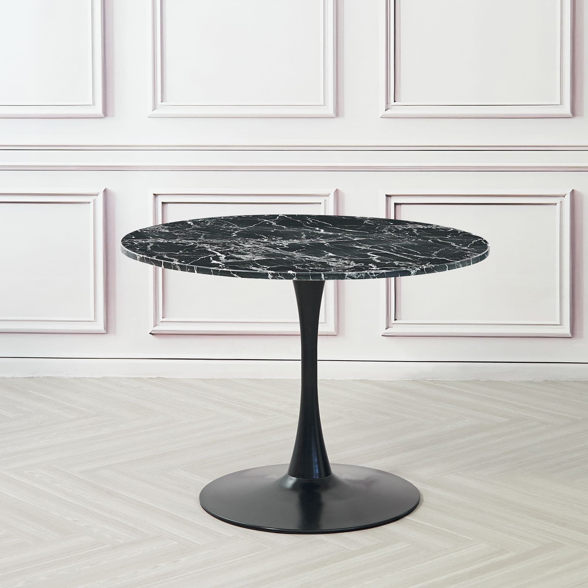 Mmilo Modern Black Round Artificial Marble Dining Table With Black Base 100Cm - Image 2