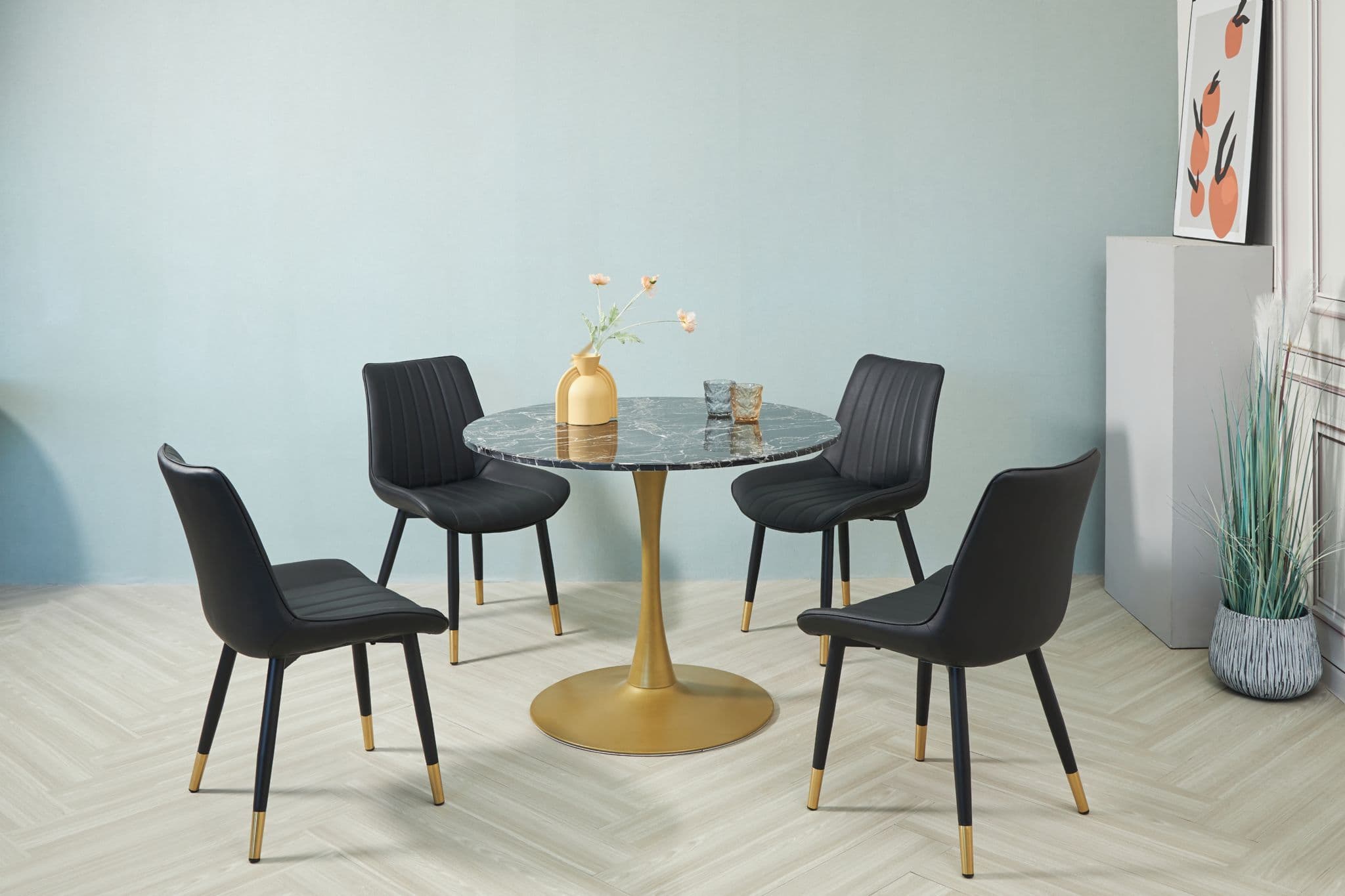 Mmilo Modern Black Round Artificial Marble Dining Table With Gold Base 100Cm - Image 5