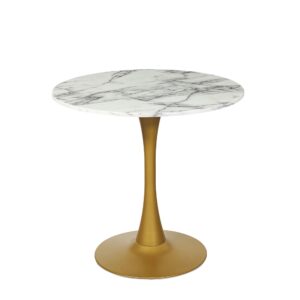Mmilo Modern Black Round Artificial Marble Dining Table With Gold Base 100cm - White, 80