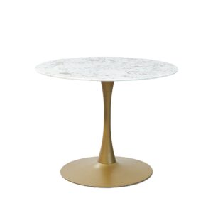 Mmilo White Round Artificial Marble Dining Table With Gold Base 100Cm
