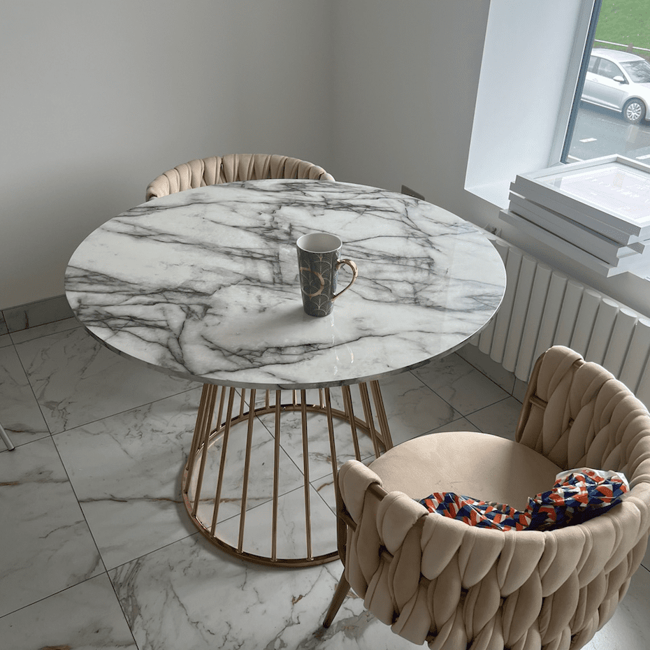 New Mmilo White Liverpool Style Marble Effect Table With Golden Chrome Legs, 100Cm - Image 4