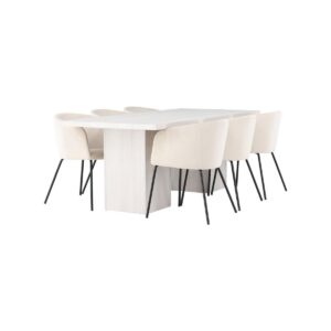 Olga White Wash Dining Table 200X75 , 6 Berit Velvet Chairs,Beige
