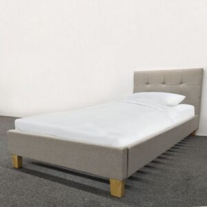 Single Bed, Upholstered In Cream Fabric - With Wooden Feet
