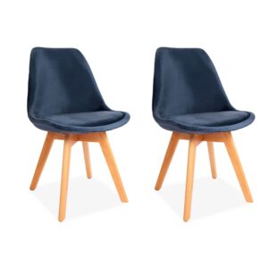 X2 Blue Tulip Velvet Dining Chairs, With Beech Legs