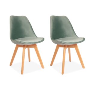 X2 Green Velvet Tulip Dining Chairs, With Beech Legs