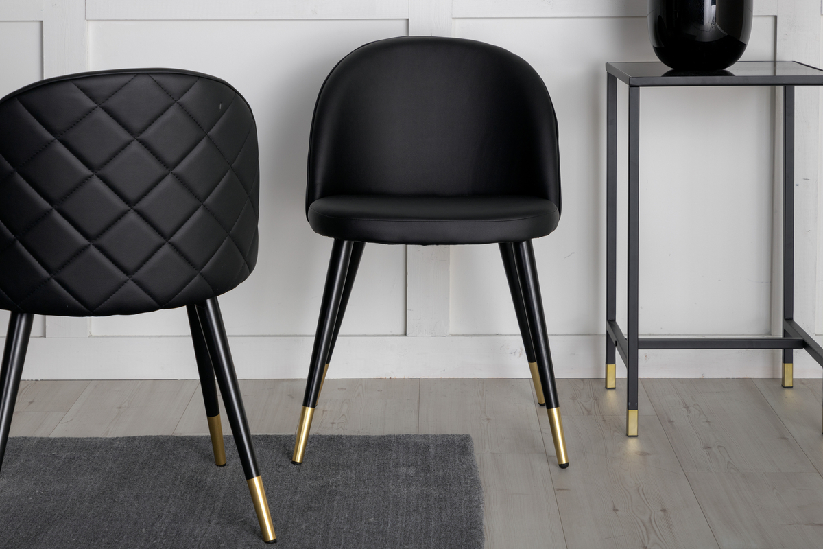 Velvet Dining Chair 2-Pack Brass W. Stiches In Back - Black / Pu