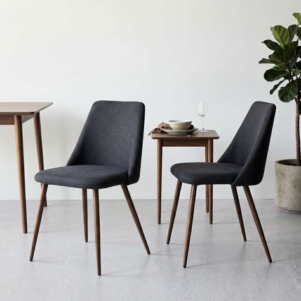 Nerano Dining Chairs Set of 2 Black Linen Upholstered Chairs with Mocha Steel Legs for Modern Interiors