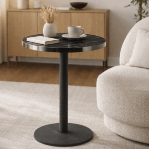 Aurora 70cm Black Round Marble Effect Bistro Table – Round Pedestal Base