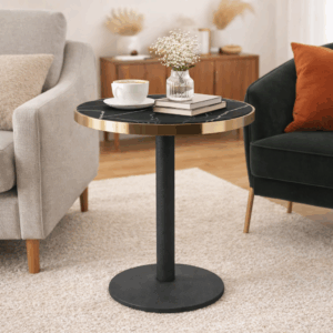 Aurora 70cm Round Black Marble Effect Bistro Table – Brushed Gold Edge with Round Pedestal Base