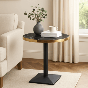 Aurora 70cm Round Black Marble Effect Bistro Table – Brushed Gold Edge with Black Square Pedestal Base