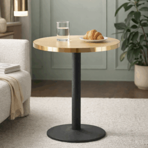 Aurora 70cm Round Oak Effect Bistro Table – Brushed Gold Edge with Black Round Pedestal Base