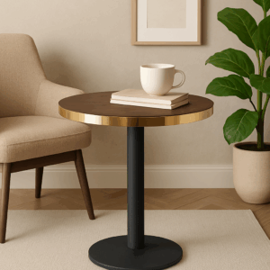 Aurora 70cm Round Walnut Bistro Table – Brushed Gold Edge with Black Round Pedestal Base