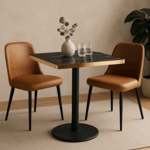 Aurora 70cm Squared Black Marble Effect Bistro Table – Brushed Gold Edge with Round Pedestal Base