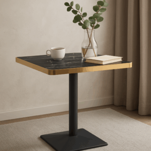 Aurora 70cm Squared Black Marble Effect Bistro Table – Brushed Gold Edge with Square Pedestal Base
