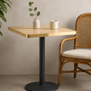 Aurora 70cm Squared Oak Effect Bistro Table – Brushed Gold Edge with Round Pedestal Base