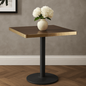 Aurora 70cm Square Walnut Bistro Table – Brushed Gold Edge with Black Round Pedestal Base