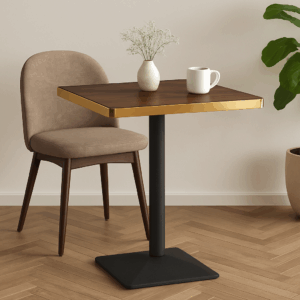 Aurora 70cm Square Walnut Bistro Table – Brushed Gold Edge with Black Square Pedestal Base